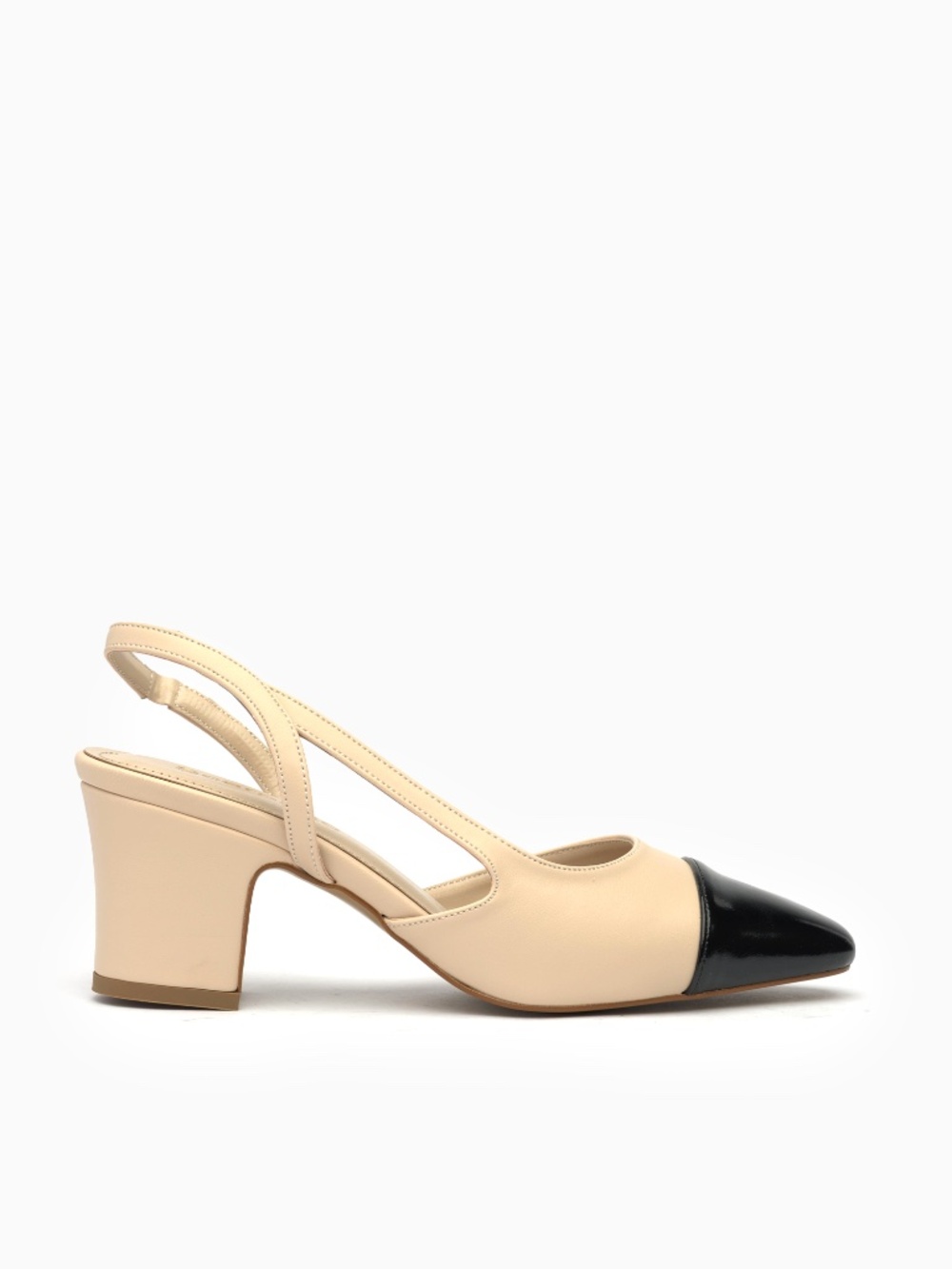 Marcella Slingback Heels: Smooth Leather, Patent Cap Toe, Block Heel